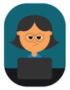 Cartoon girl with a smirk expression works in a laptop at night, vector or color illustration