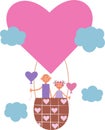 Cartoon Girl and Boy Flying Hot Air Balloon Sky Vector Design Valentine Love story of a couple in love. Happy lovers Royalty Free Stock Photo