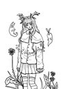 Cartoon girl with bunny ears and long hair in a jacket with a big collar. Fairytale character in skirt and striped knee socks
