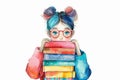 Cartoon girl carrying stack of books