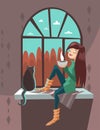 Cartoon girl with a cat sitting on a windowsill