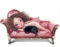 Cartoon girl with cat on sofa Royalty Free Stock Photo