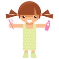 Cartoon girl character holding toothbrush and toothpaste to wash