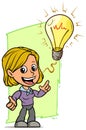 Cartoon girl character with idea lightning bulb Royalty Free Stock Photo