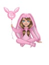 Cartoon girl character in pink bunny costume.Girl with pink bunny balloon. Royalty Free Stock Photo