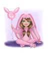 Cartoon girl character in pink bunny costume.Girl with pink bunny balloon. Royalty Free Stock Photo