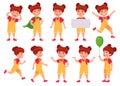 Cartoon girl character poses, gestures and expressions. Casual kindergarten kid actions. Superhero girl. Female child standing,