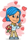 Cartoon girl character with red flower and hearts Royalty Free Stock Photo