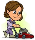 Cartoon girl character with red lawn mower Royalty Free Stock Photo