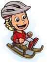 Cartoon girl character riding on wooden sledge