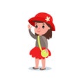 Cartoon girl character in stylish red hat with flower, skirt, sweater and cross body handbag. Cute brunette kid in Royalty Free Stock Photo