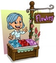 Cartoon girl character and wooden flowers shop