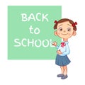 Cartoon girl character writes `Back to school` in chalk. Royalty Free Stock Photo