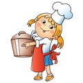 Cartoon girl chef with large pot. Little cook or scullion in apron and chef hat. Profession. Colorful vector illustration for kids