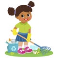 Cartoon Girl Cleaning And Raking Garbage Vector. Contributing Into Environment Preservation. Kids Who Protect Nature.