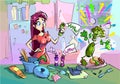 Cartoon girl cooks pasta and salad in the kitchen. The girl uses an unusual spice that turned vegetables into a living character.