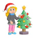 Cartoon girl decorating a Christmas tree with balls