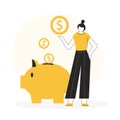 Cartoon girl depositing money. Business woman invest to new startup project. Employee puts golden coins into piggy bank