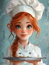 Cartoon girl doll with chefs hat holding food tray Royalty Free Stock Photo