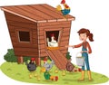 Cartoon girl feeding chickens and roosters. Henhouse with poultry. Royalty Free Stock Photo