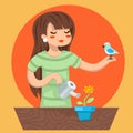 Cartoon Girl Female Woman Character Bird Watering Flower Icon on Stylish Background Design Vector Illustration Royalty Free Stock Photo