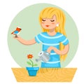 Cartoon Girl Female Woman Character Bird Watering Flower Icon on Stylish Background Design Vector Illustration Royalty Free Stock Photo