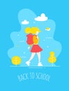 Cartoon girl in flat linear style with backpack walks in nature. Back to school banner