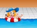 Cartoon girl floating with lifebuoy in swimming pool Royalty Free Stock Photo