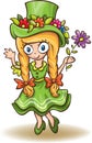 Cartoon girl in green dress with flowers