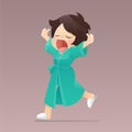 Cartoon girl in a green robe walking and yawning