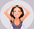 Cartoon girl with hair problem, fall, alopecia, damage bad emotion