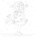 Cartoon girl in hat and scarf with present and bird in snow sketch template