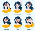 Cartoon girl headache types. Women portraits with red round marks migraine and headache, head painful areas, different