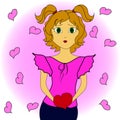 Cartoon girl with heart in hands