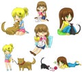 Cartoon girl with her pet icon collection set Royalty Free Stock Photo