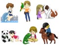 Cartoon girl with her pet icon collection set 2 Royalty Free Stock Photo