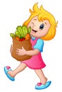 Cartoon girl holding paper bag of groceries with healthy vegetables