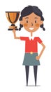 Cartoon girl holding trophy with pride, happy young female winner. Success and achievement concept vector illustration