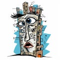 Surreal Urban Illustration Of A Cartoon Female Face With Cityscape Buildings