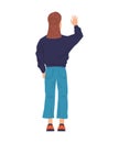 Cartoon girl in jeans standing with her back. Teenager in casual clothing. Young woman raising hand. Backside view on