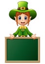 Cartoon girl Leprechaun presenting with chalkboard sign