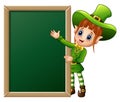 Cartoon girl leprechaun presenting with chalkboard sign