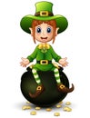 Cartoon girl leprechaun sitting on pot of gold