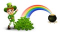 Cartoon girl leprechaun standing near the rainbow with pot full of golden coins and clovers