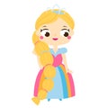 Cartoon girl with long hair in beautiful dress and crown diadem. Cute princess