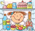 Cartoon girl looking inside fridge with food, vector clipart Royalty Free Stock Photo