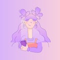 Cartoon girl looking at the phone. Vector illustration with gradient. Happy teenage girl