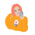 Cartoon girl making selfie with smart phone. Modern young pink hair female with phone. Vector flat illustration