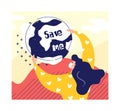 Cartoon girl in the mask holds the planet Earth. Ecology vector banner