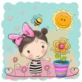 Cartoon Girl on the meadow with flowers